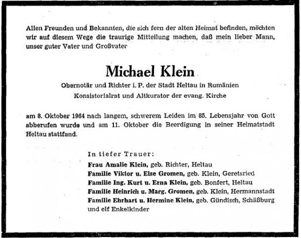 Klein Michael 1880-1964 Todesanzeige